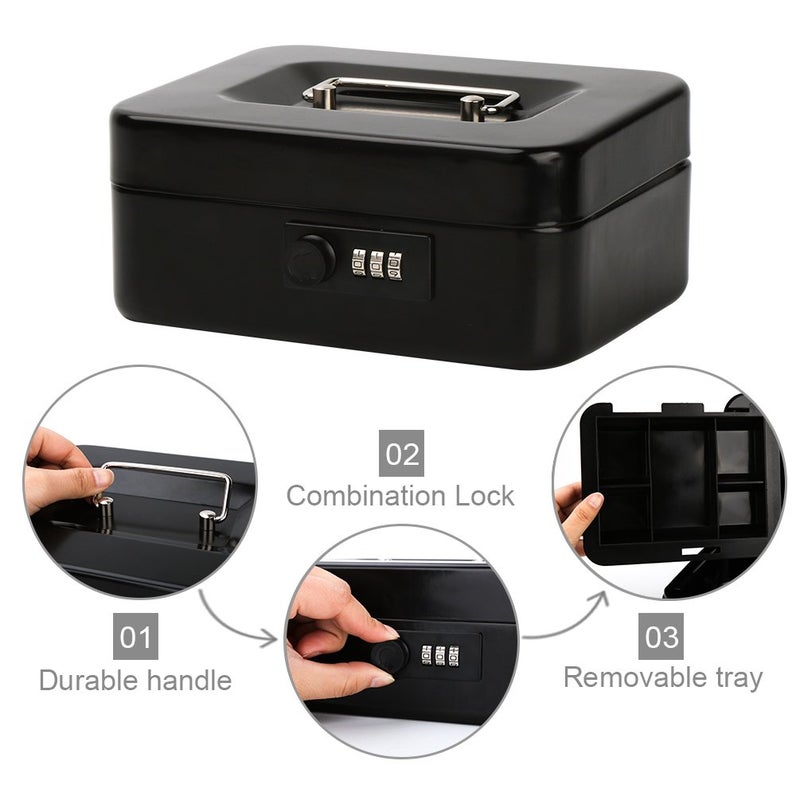 Decaller Safe Cash Box With Combination Lock, Decaller Medium Double Layer Cash Box with Money Tray Locking Storage Box, 9 4/5" x 7 4/5" x 3 1/2", QH2501M, Black - Image 4